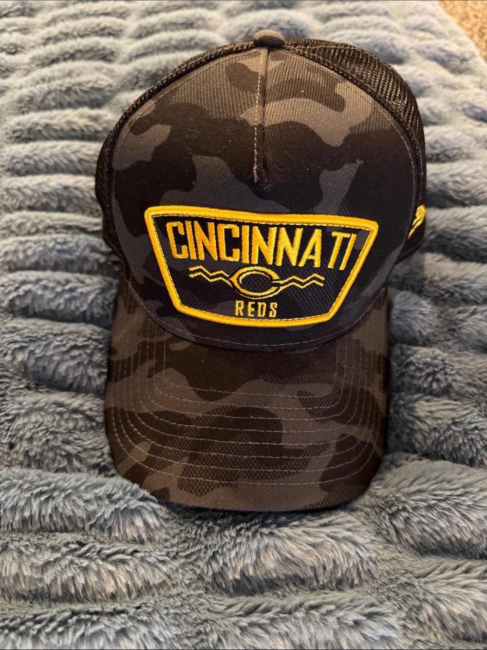 New Era Cincinnati Reds Black Camo Hat with Yellow Patch